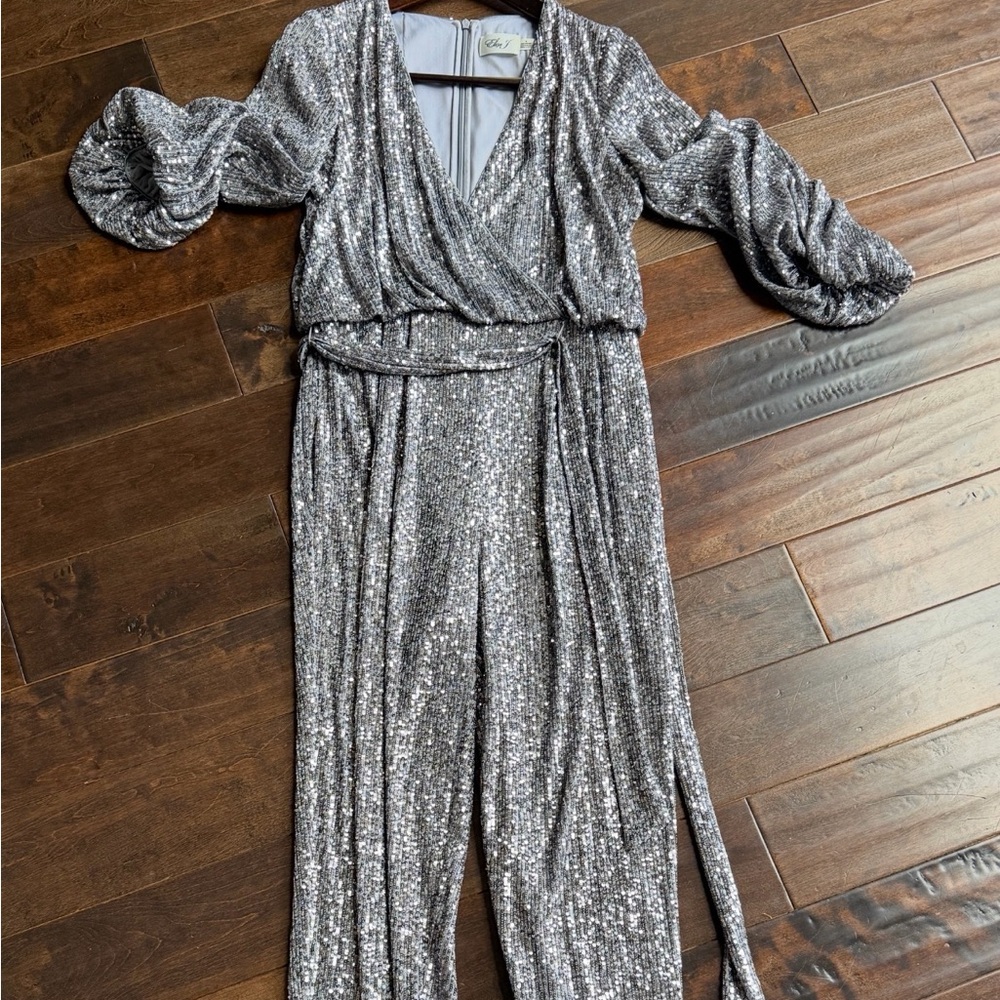 Eliza J Silver Sequin Jumpsuit Gunmetal Gray Size 6